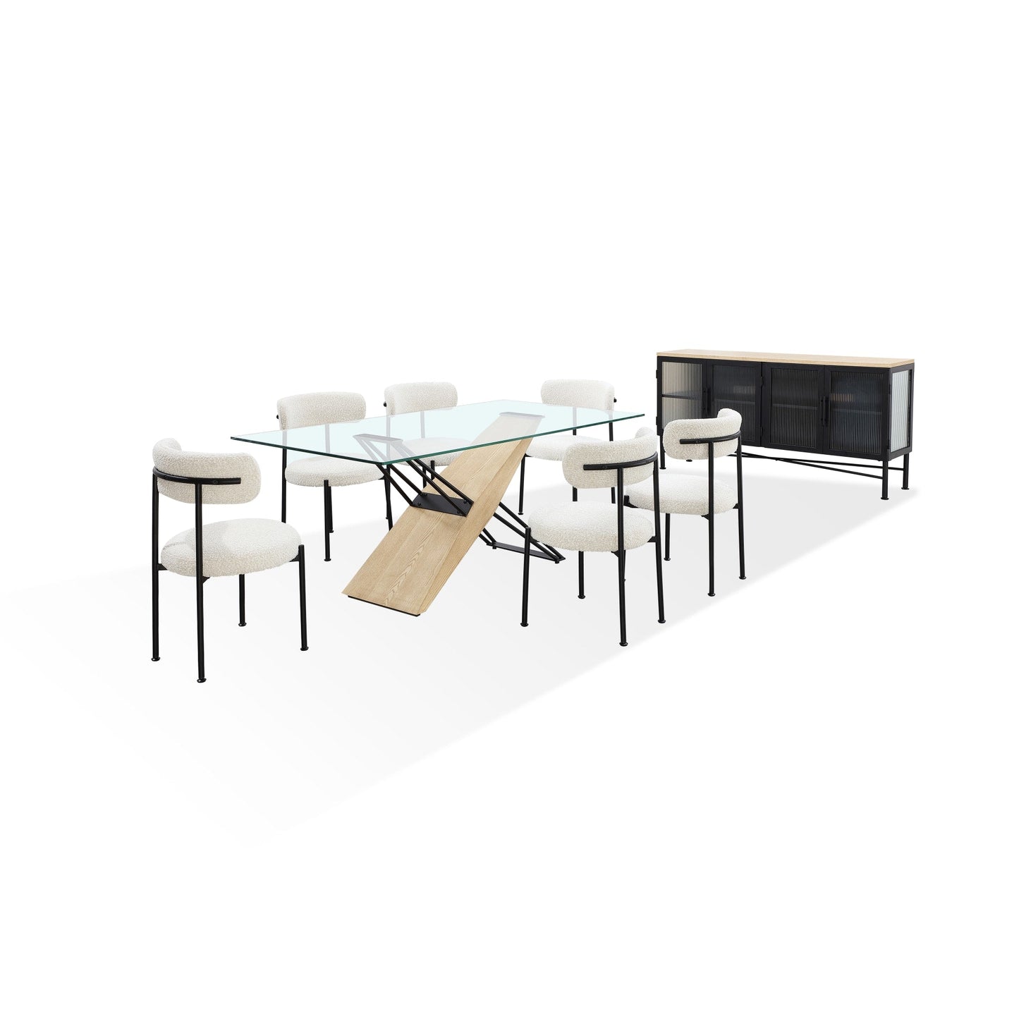 Modus Aere Four Door Ribbed Glass, Metal and Wood Sideboard in Natural Ash and Black