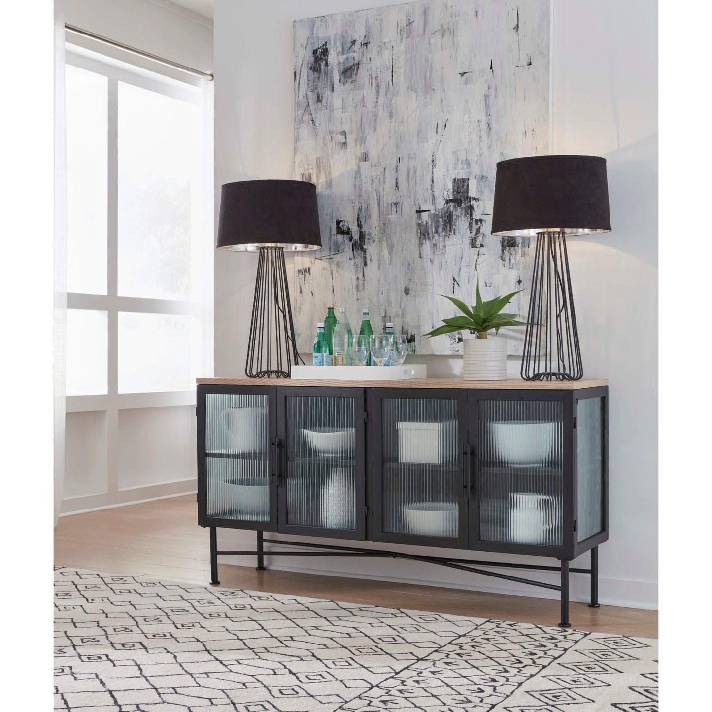 Modus Aere Four Door Ribbed Glass, Metal and Wood Sideboard in Natural Ash and Black