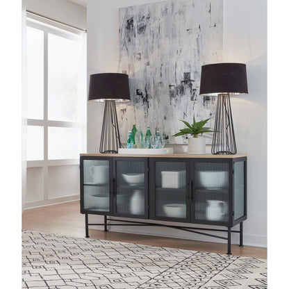 Modus Aere Four Door Ribbed Glass, Metal and Wood Sideboard in Natural Ash and Black