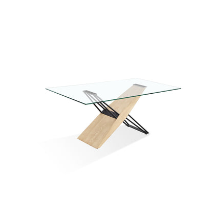 Modus Aere Glass, Wood and Metal Rectangular Dining Table in Natural Ash and Black