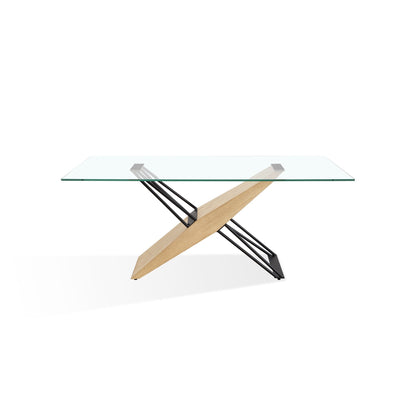 Modus Aere Glass, Wood and Metal Rectangular Dining Table in Natural Ash and Black