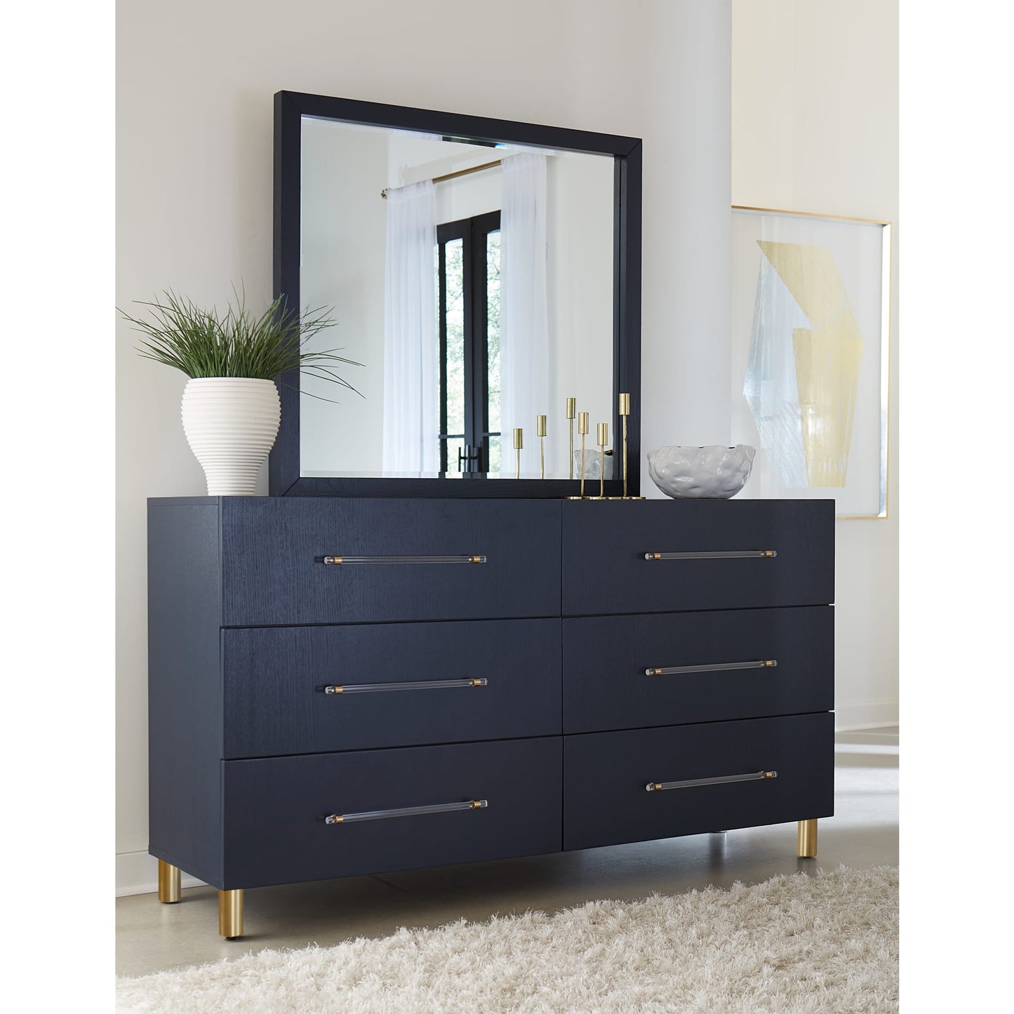Modus Argento Six Drawer Dresser in Navy Blue and Burnished Brass