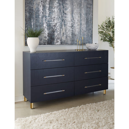 Modus Argento Six Drawer Dresser in Navy Blue and Burnished Brass