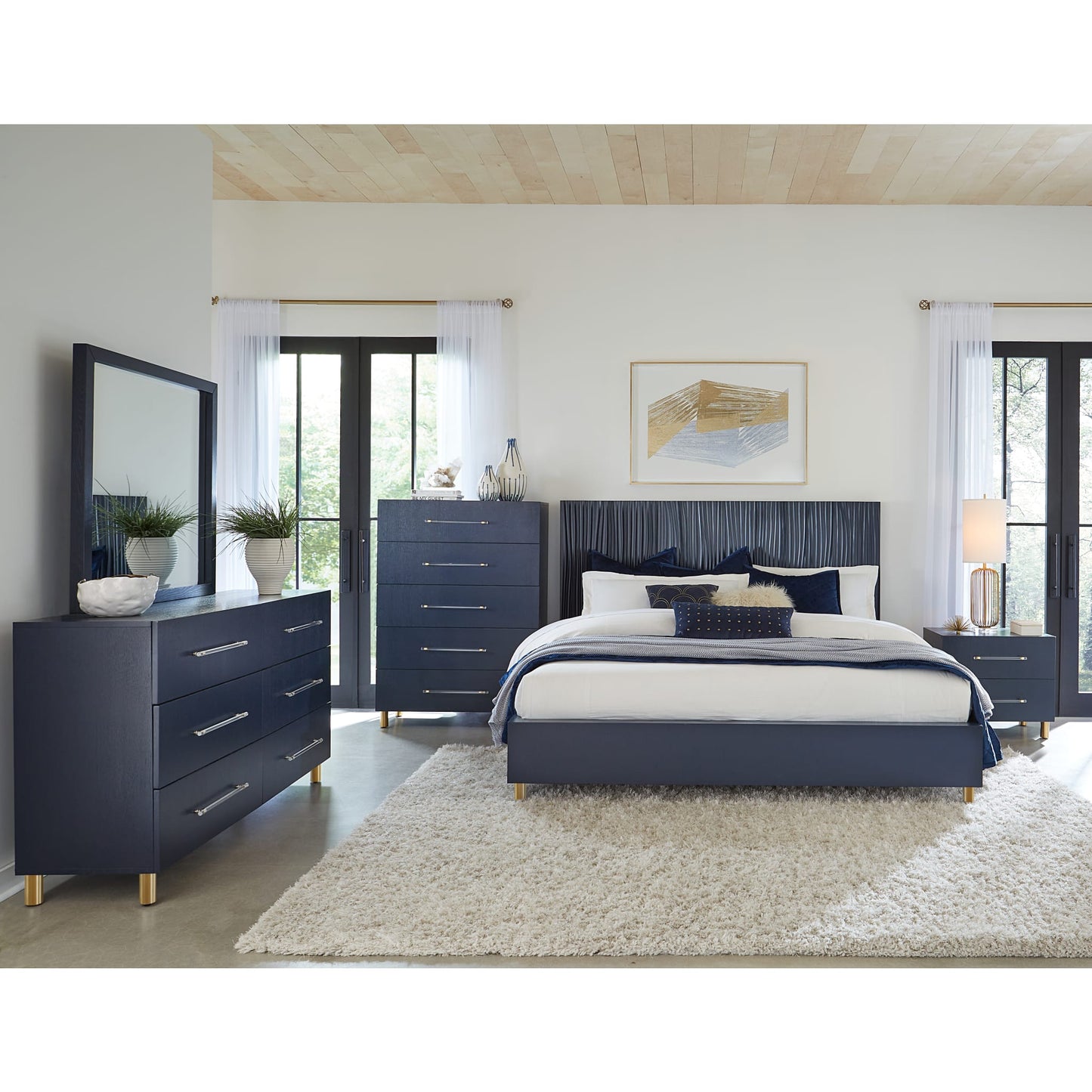 Modus Argento Two Drawer USB Charging Nightstand in Navy Blue and Burnished Brass
