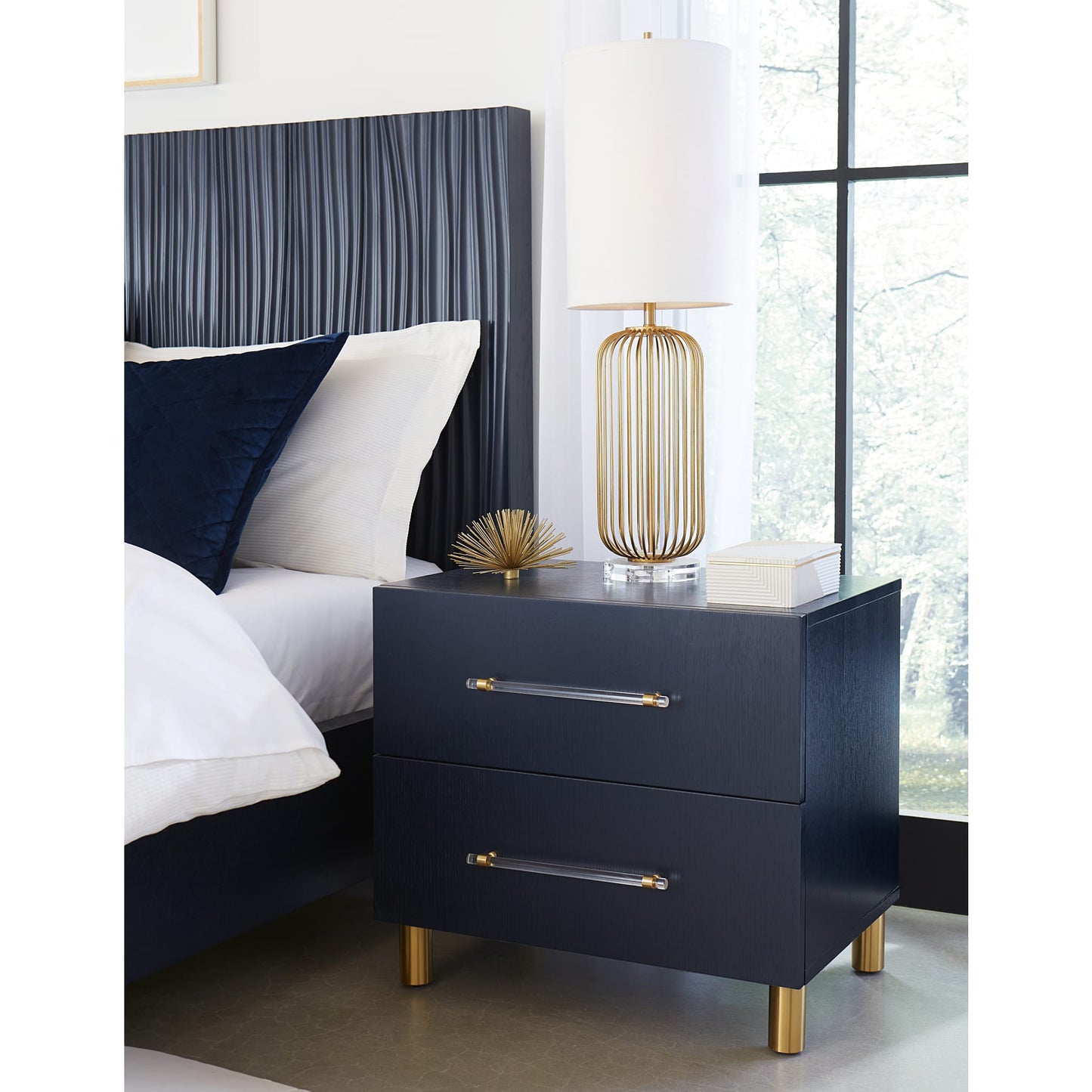 Modus Argento Two Drawer USB Charging Nightstand in Navy Blue and Burnished Brass