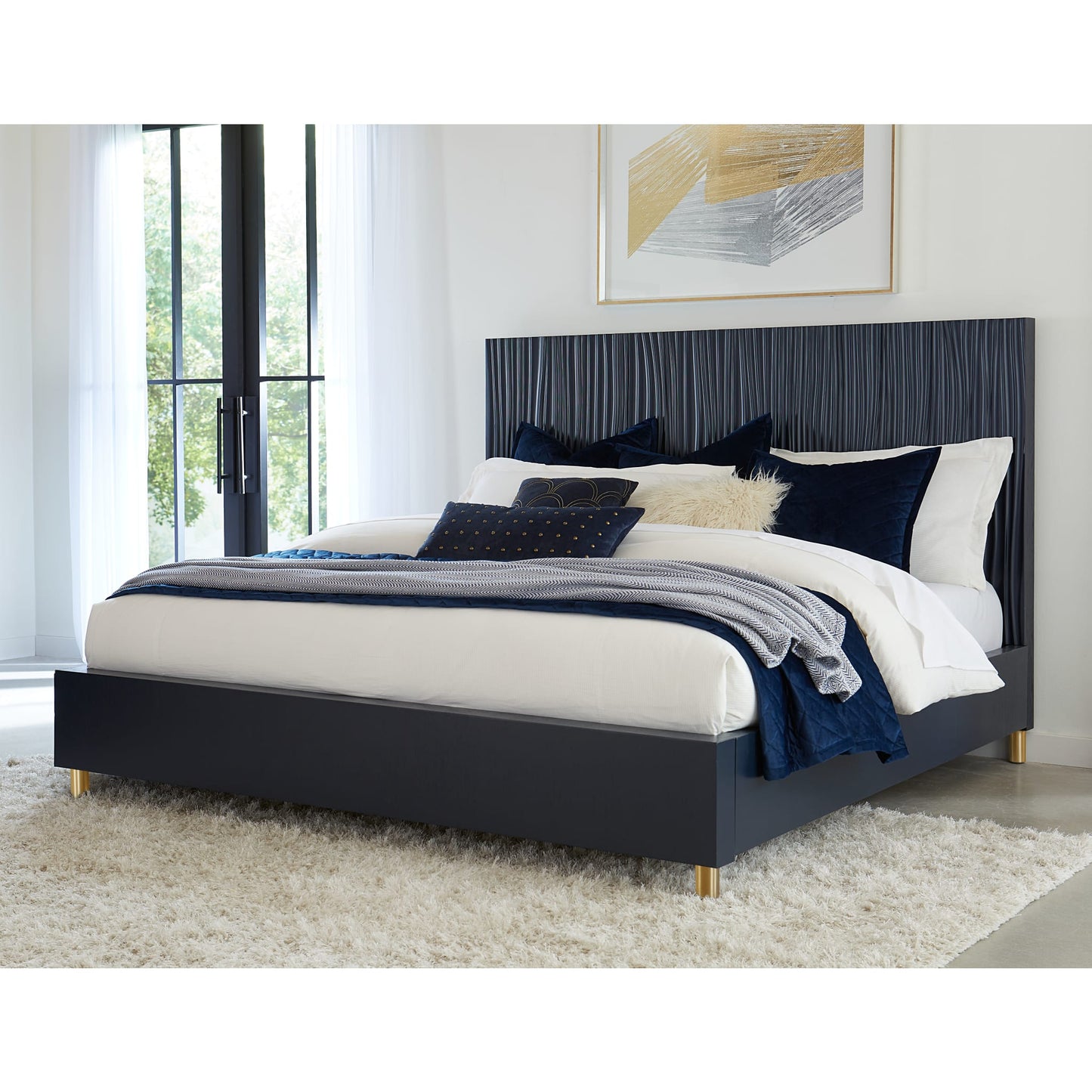 Modus Argento Wave-Patterned Bed in Navy Blue and Burnished Brass