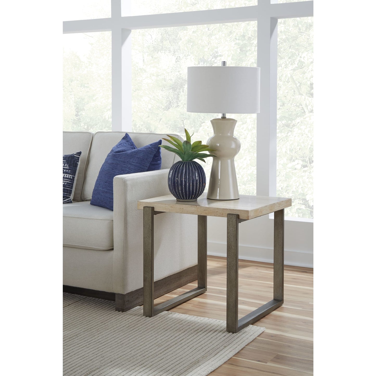 Modus Ariela Natural Travertine End Table with Bronze Metal Base