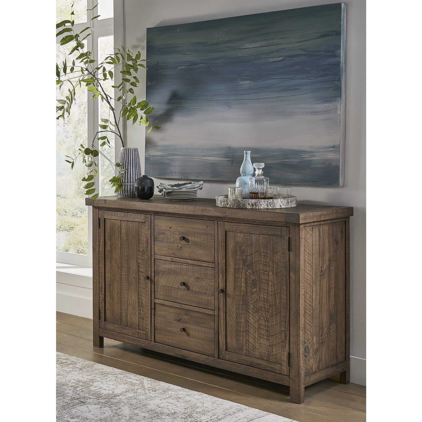 Modus Autumn Solid Wood Three Drawer Two Door Sideboard in Flint Oak