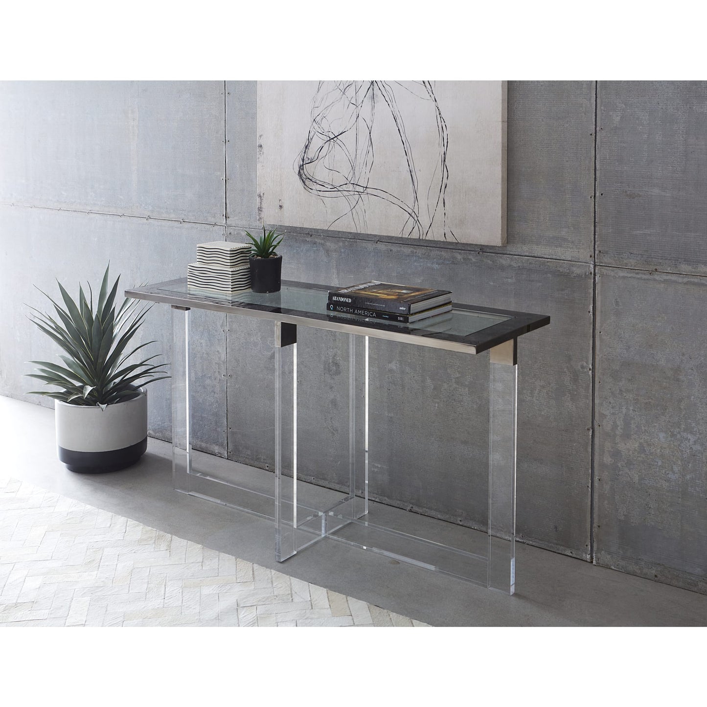 Modus Bastian Console Table in Clear Acrylic and Gunmetal Polished Stainless Steel