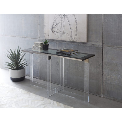 Modus Bastian Console Table in Clear Acrylic and Gunmetal Polished Stainless Steel