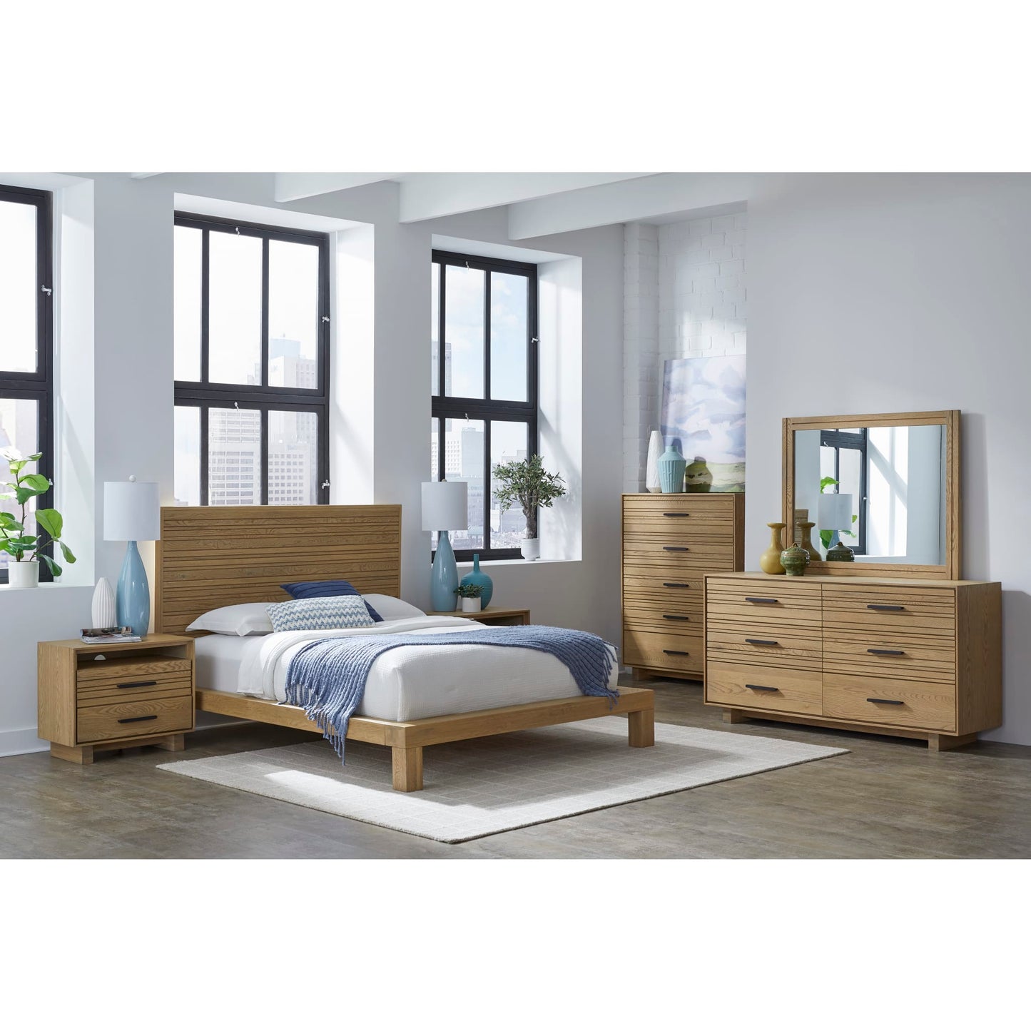 Modus Batten Two Drawer One Shelf USB-Charging Nightstand in Blonde Oak