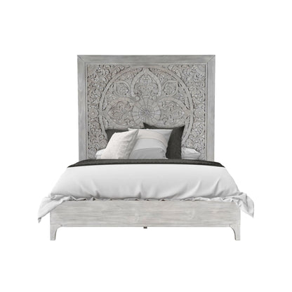 Modus Boho Chic Carved Platform Bed in Washed White