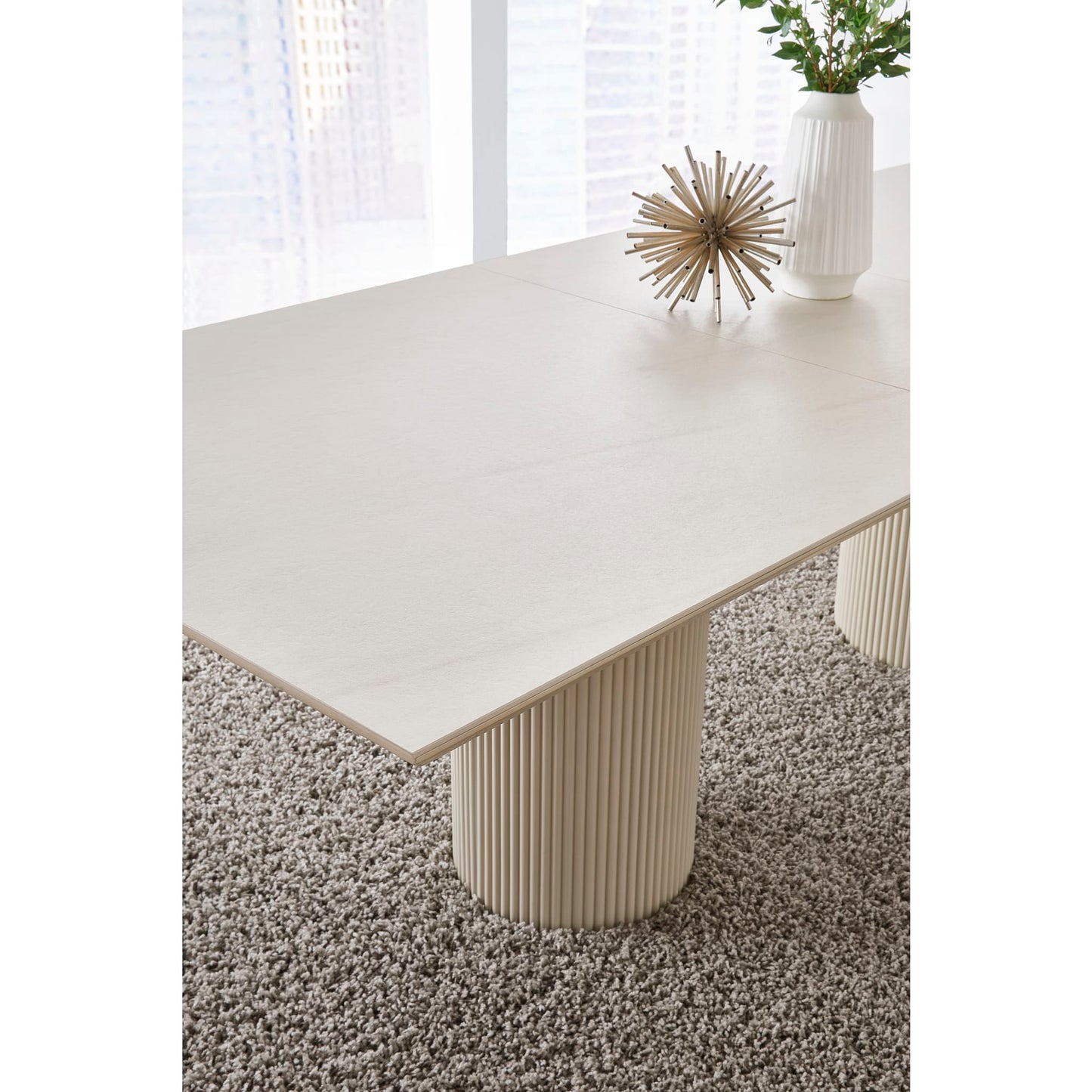 Modus Cannon Stone Top Double Pedestal Extension Dining Table with Ivory Wood Base