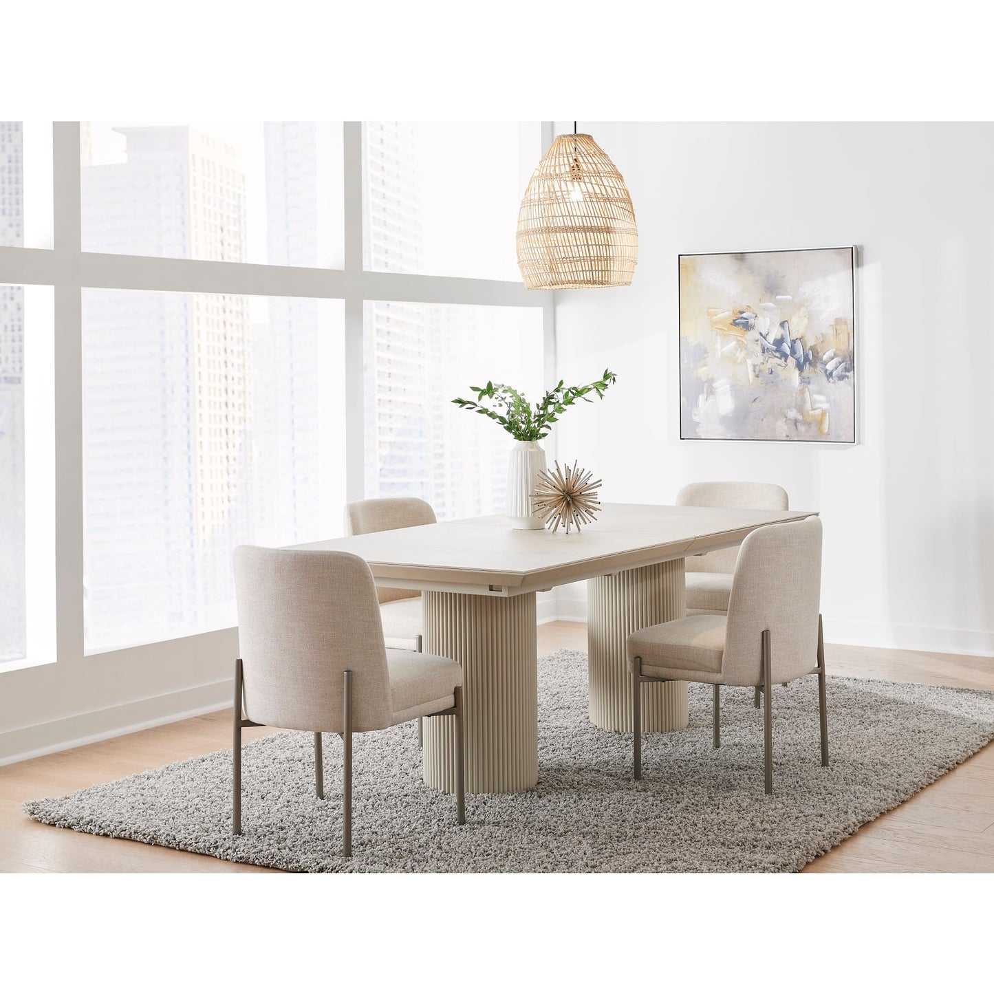 Modus Cannon Stone Top Double Pedestal Extension Dining Table with Ivory Wood Base
