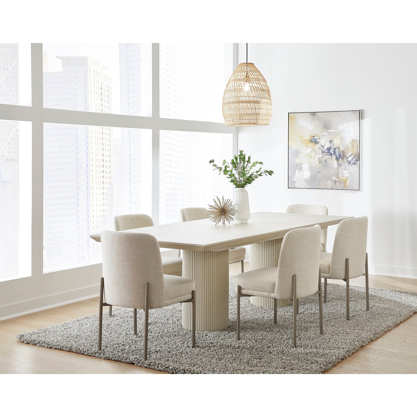 Modus Cannon Stone Top Double Pedestal Extension Dining Table with Ivory Wood Base