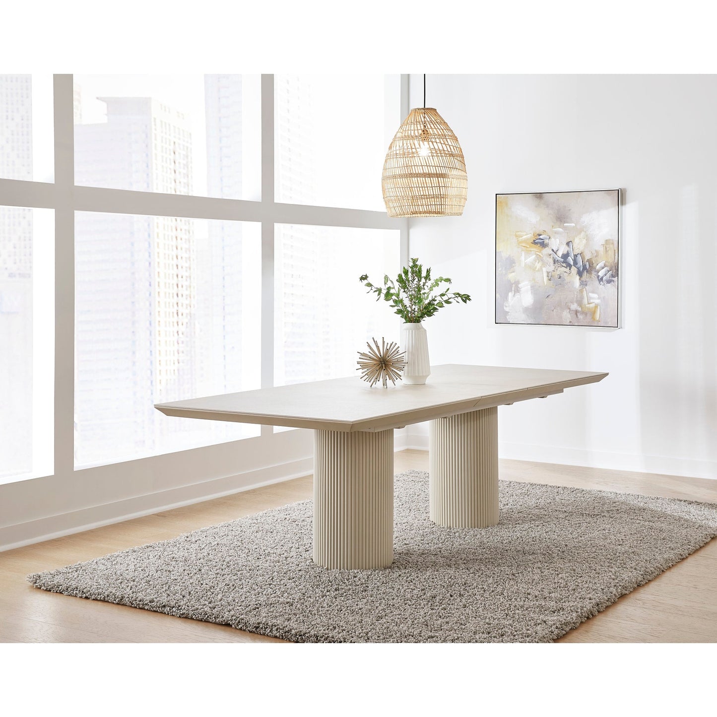 Modus Cannon Stone Top Double Pedestal Extension Dining Table with Ivory Wood Base