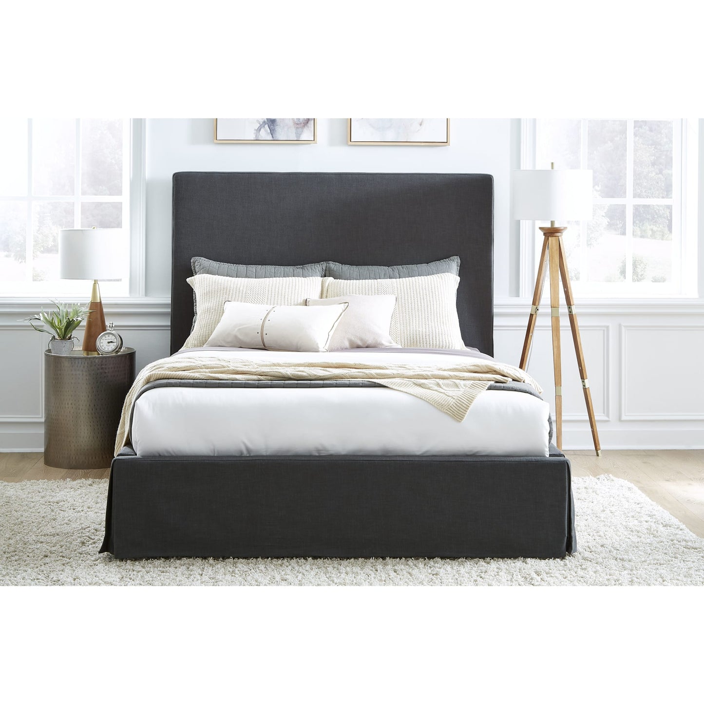 Modus Cheviot Upholstered Skirted Panel Bed in Iron