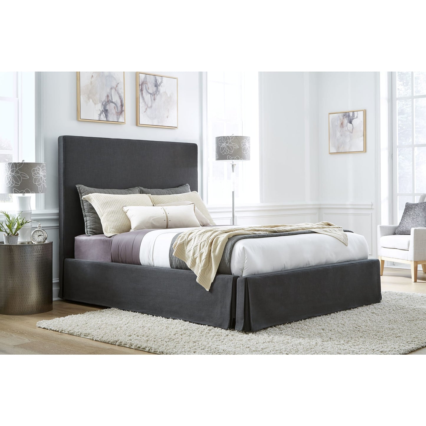 Modus Cheviot Upholstered Skirted Panel Bed in Iron