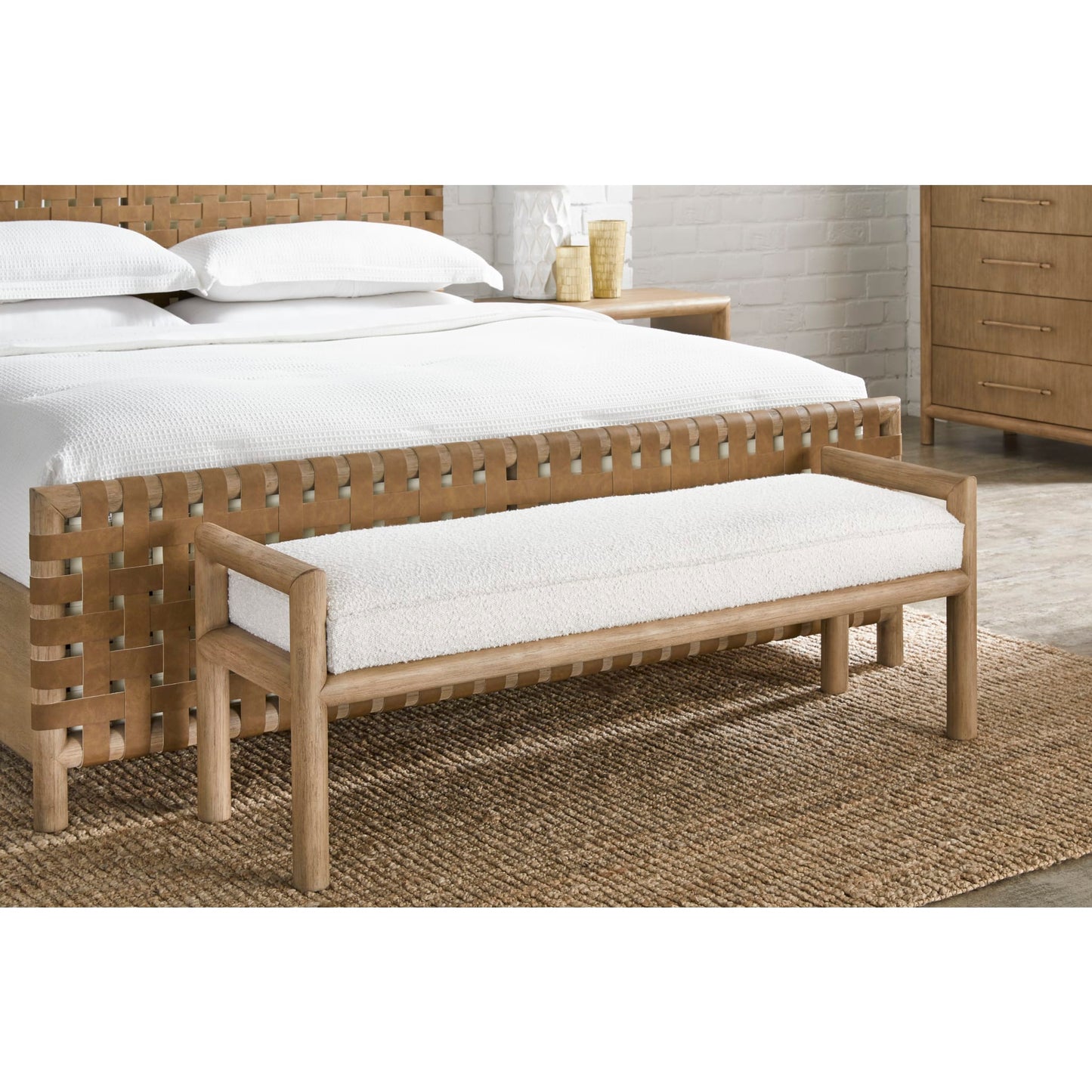 Modus Dorsey Boucle Upholstered Wooden Bench in Granola and Ricotta