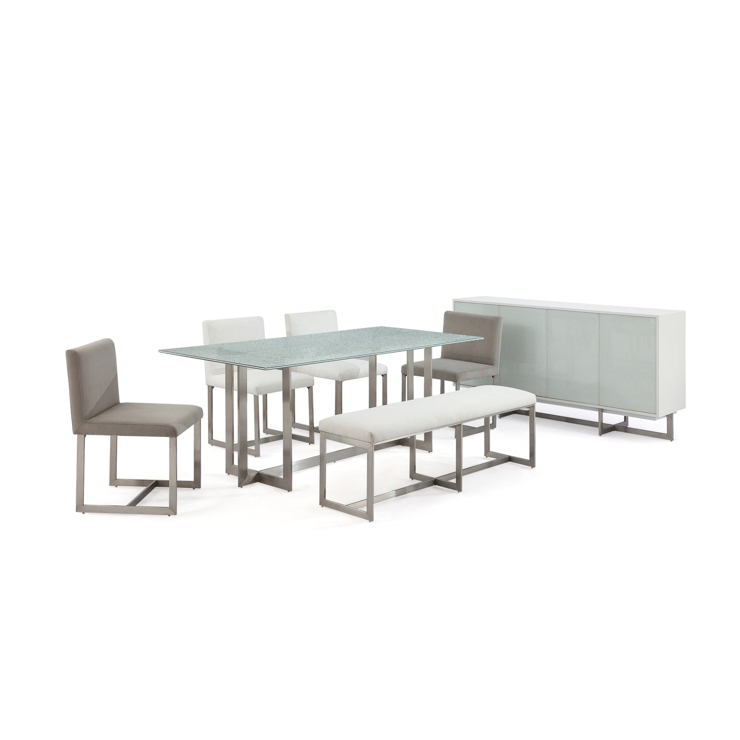 Modus Eliza Cracked Glass Sideboard in Brushed Stainless in White and Brushed Stainless Steel