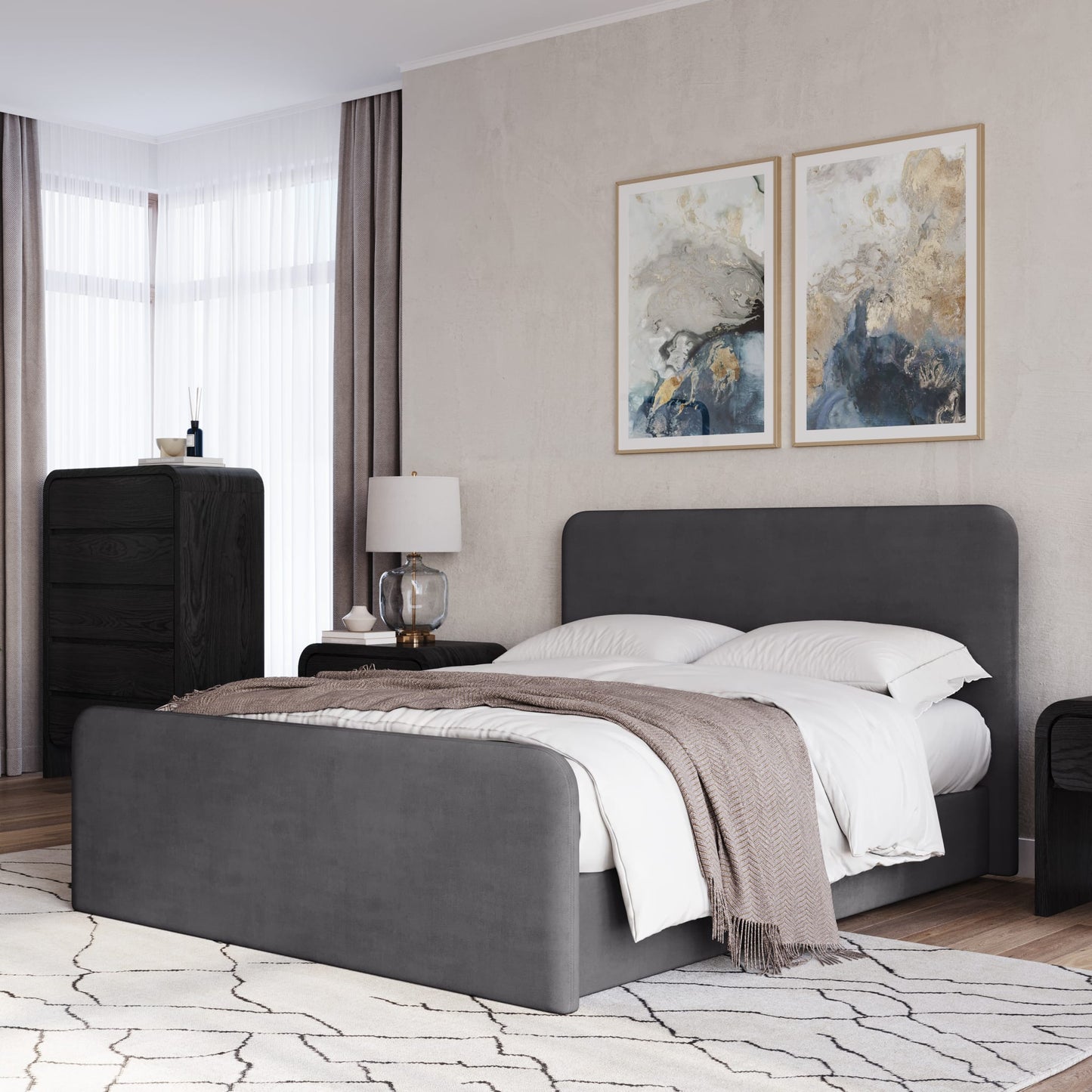 Modus Elora Fully Upholstered Platform Bed in Charcoal Velvet