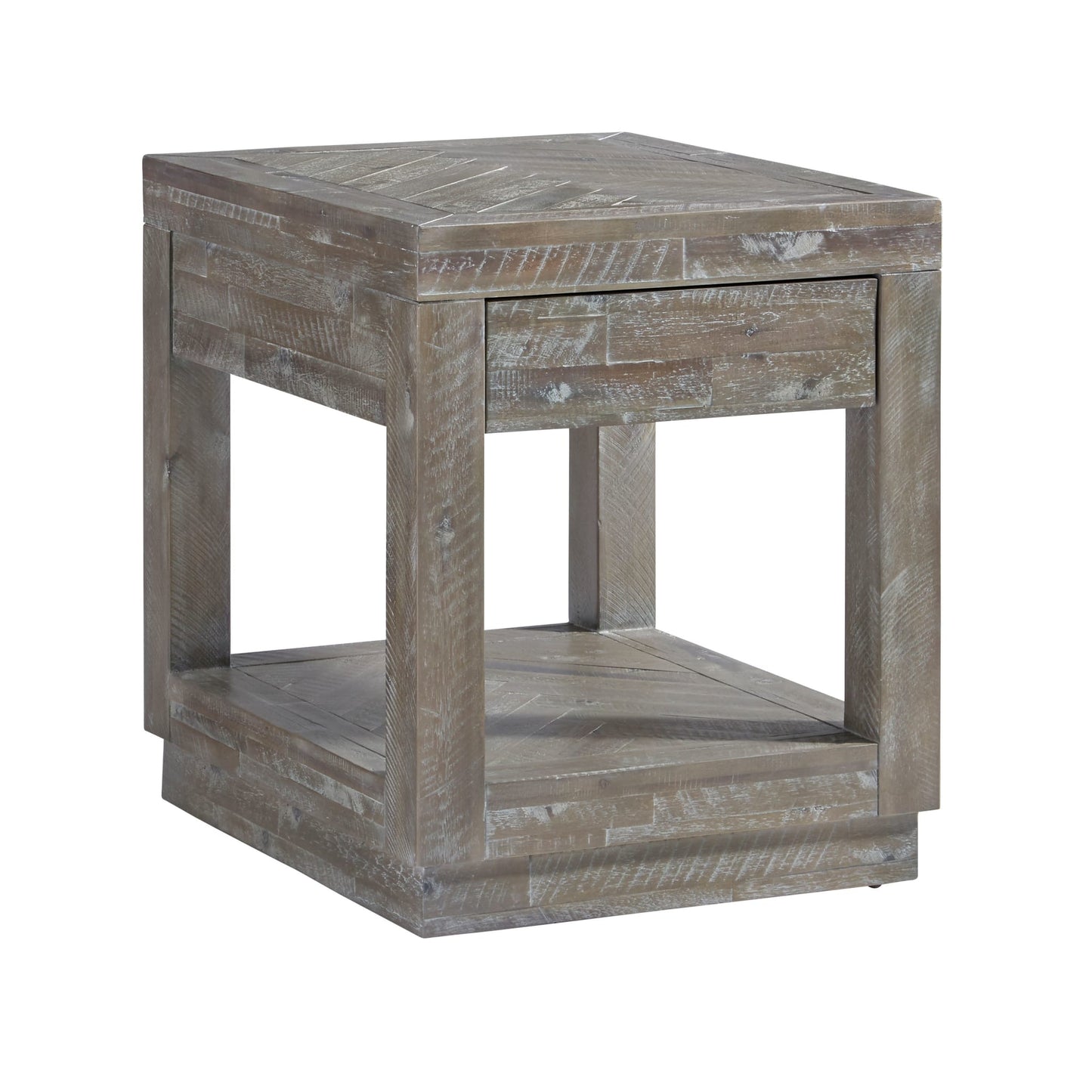 Modus Herringbone Solid Wood One Drawer End Table in Rustic Latte