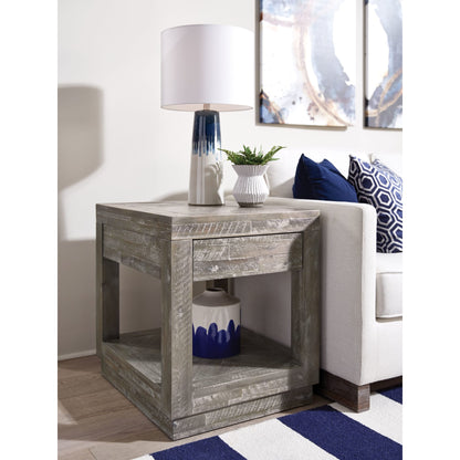 Modus Herringbone Solid Wood One Drawer End Table in Rustic Latte