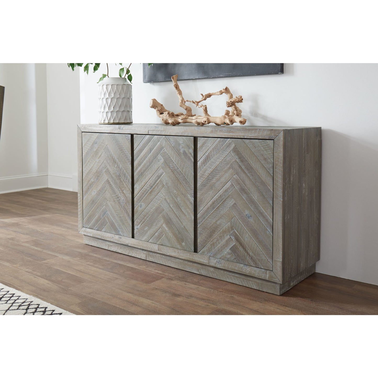 Modus Herringbone Solid Wood Three Door Sideboard in Rustic Latte