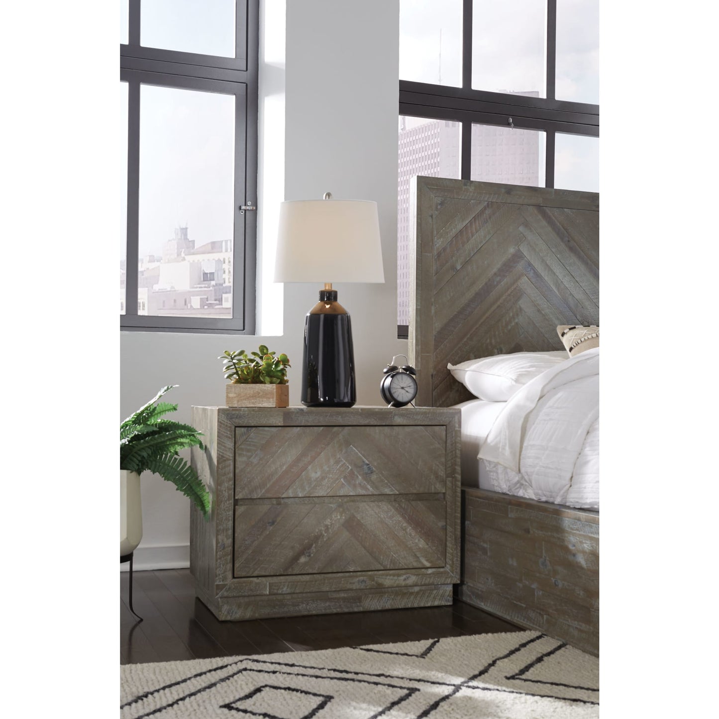 Modus Herringbone Solid Wood Two Drawer Nightstand in Rustic Latte
