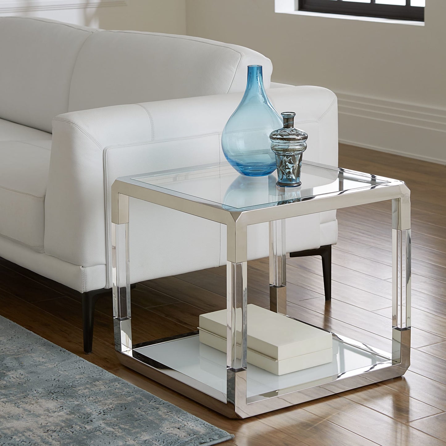 Modus Jasper End Table in Acrylic/White Glass/PSS