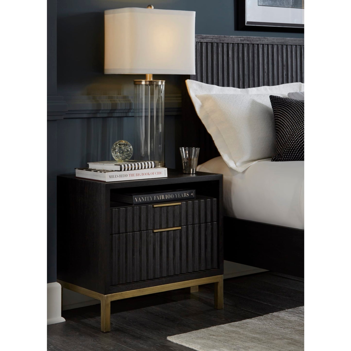 Modus Kentfield Solid Wood Two Drawer Nightstand in Black Drifted Oak