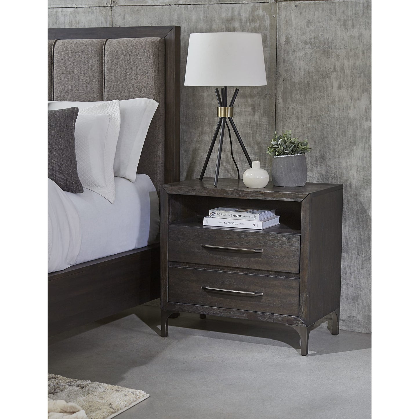 Modus Lucerne Two-Drawer Metal Leg Nightstand in Vintage Coffee
