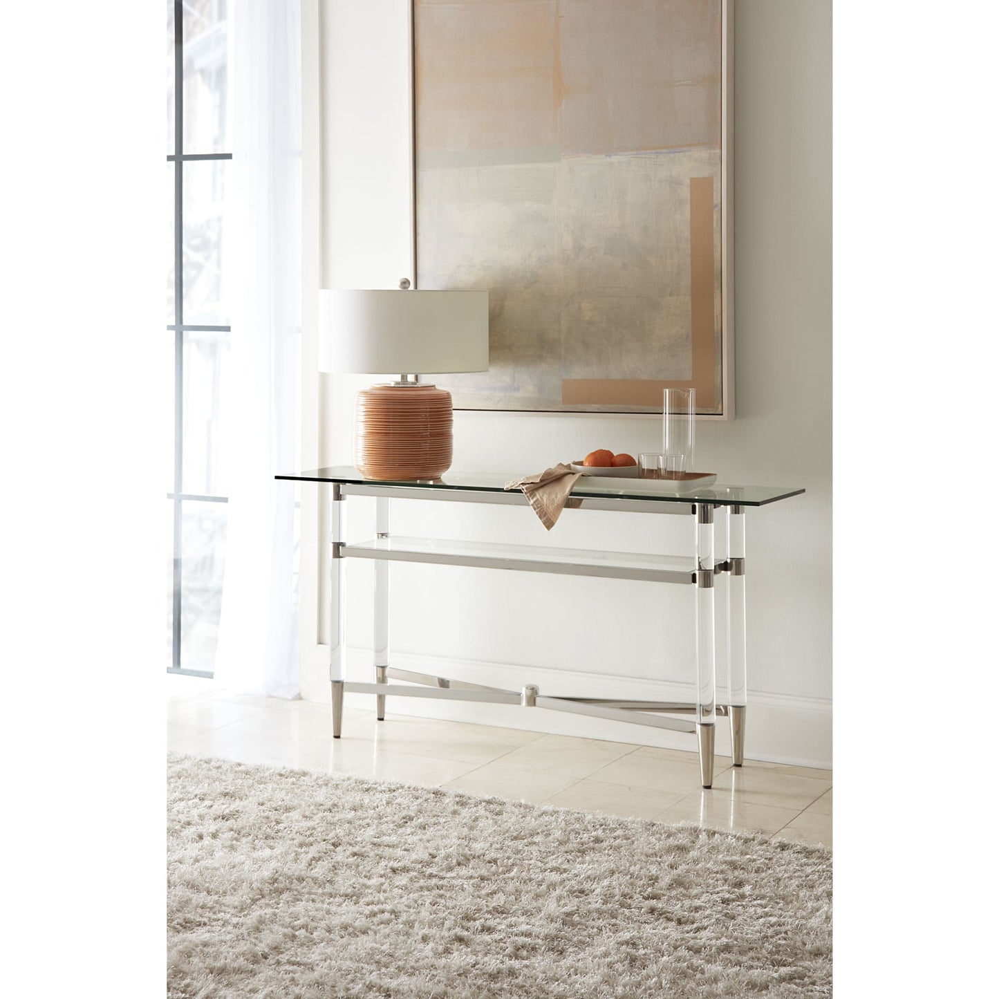 Modus Marilyn Glass Top Dining Server in Polished Stainless Steel and Clear Acrylic