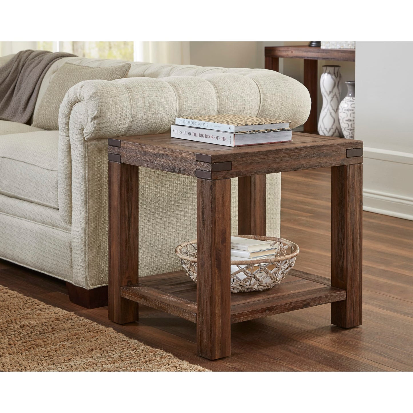 Modus Meadow Solid Wood Rectangular Side Table in Brick Brown