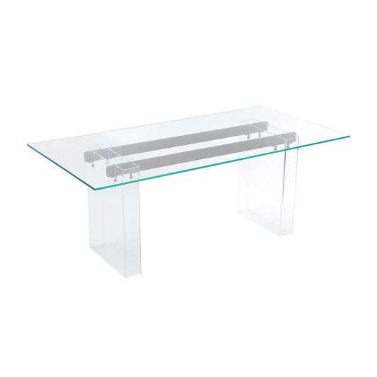 Modus Moorea Double Pedestal Rectangular Dining Table in Clear Acrylic, Glass and Bronze Metal