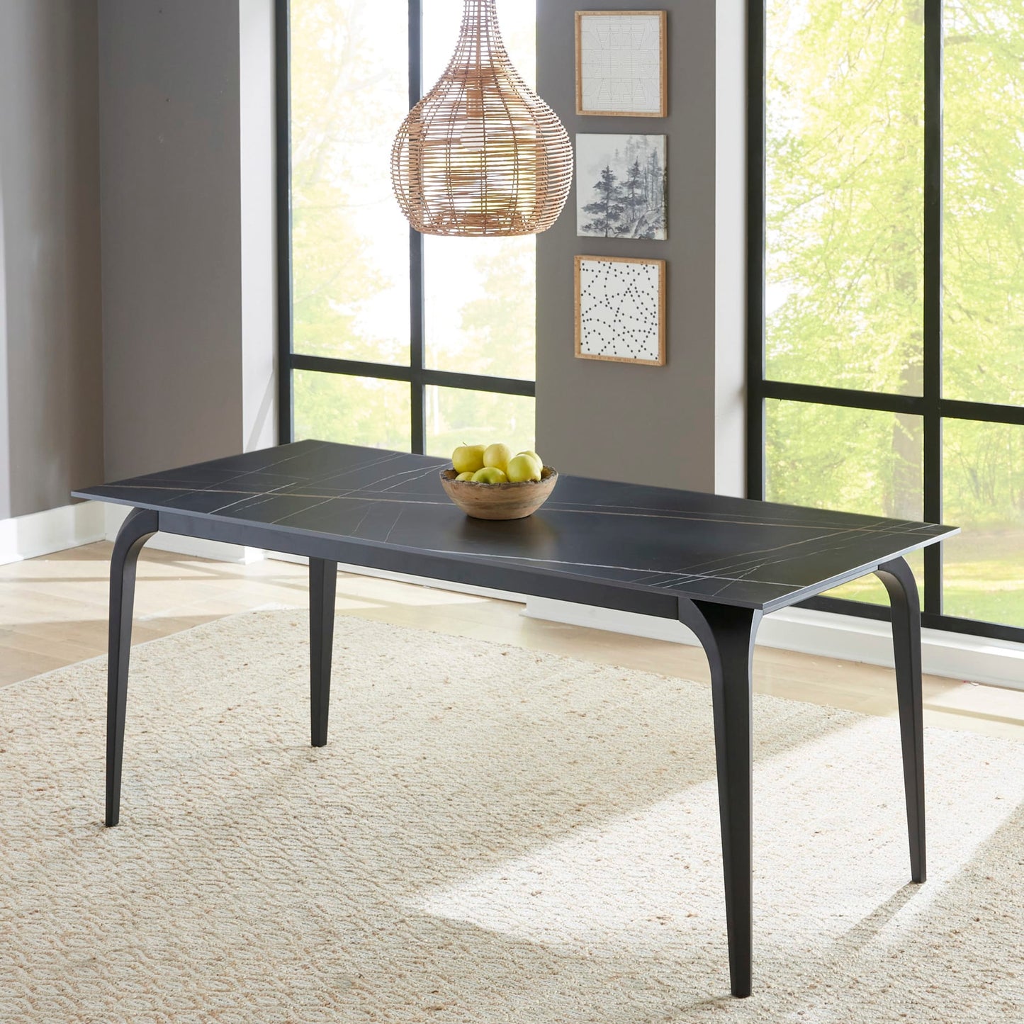 Modus Nicoya Stone Top Rectangular Dining Table in Black Stone and Black Metal