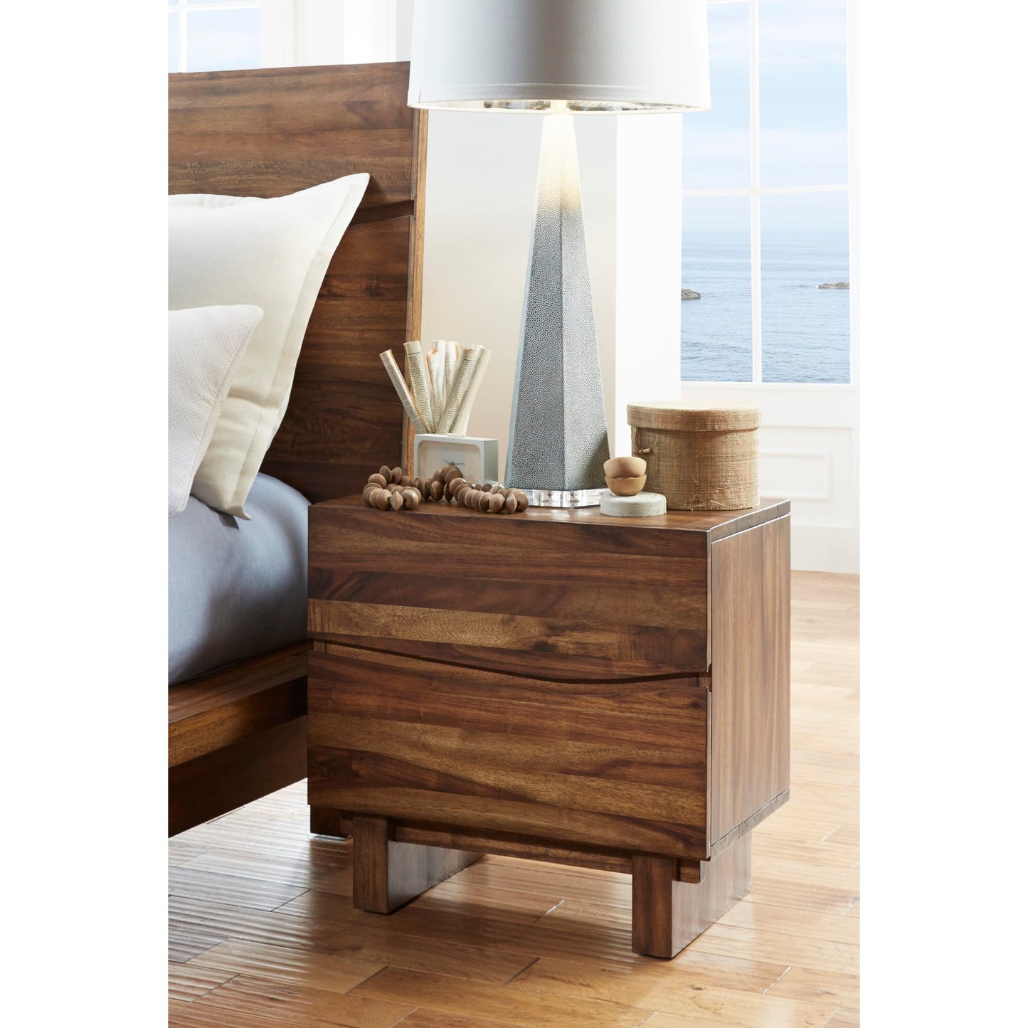 Modus Ocean Two Drawer Solid Wood Nightstand in Natural Sengon