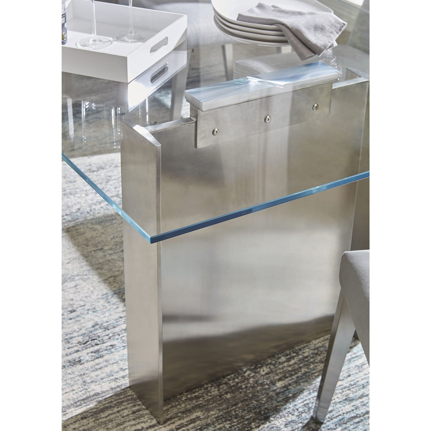 Modus Omnia 84 inch Rectangular Dining Table Ultra Clear Glass and brushed Stainless Steel