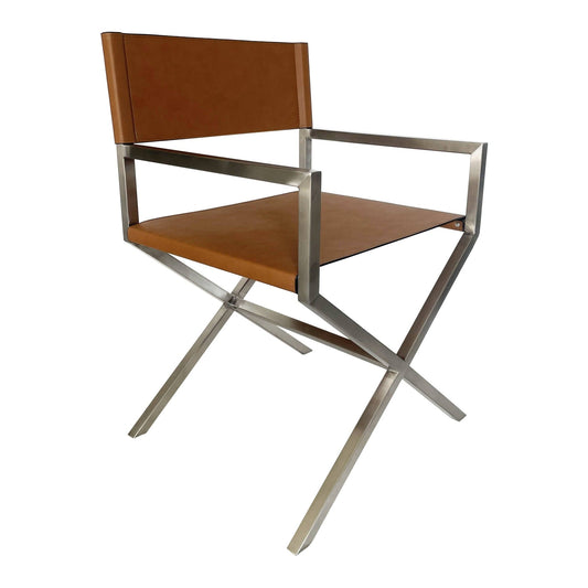 Modus One Modern Coastal Director's Dining Arm Chair in Cognac and Brushed Stainless Steel