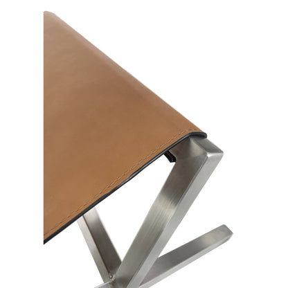 Modus One Modern Coastal Director's Style Leather Dining Bench in Cognac and Brushed Stainless Steel