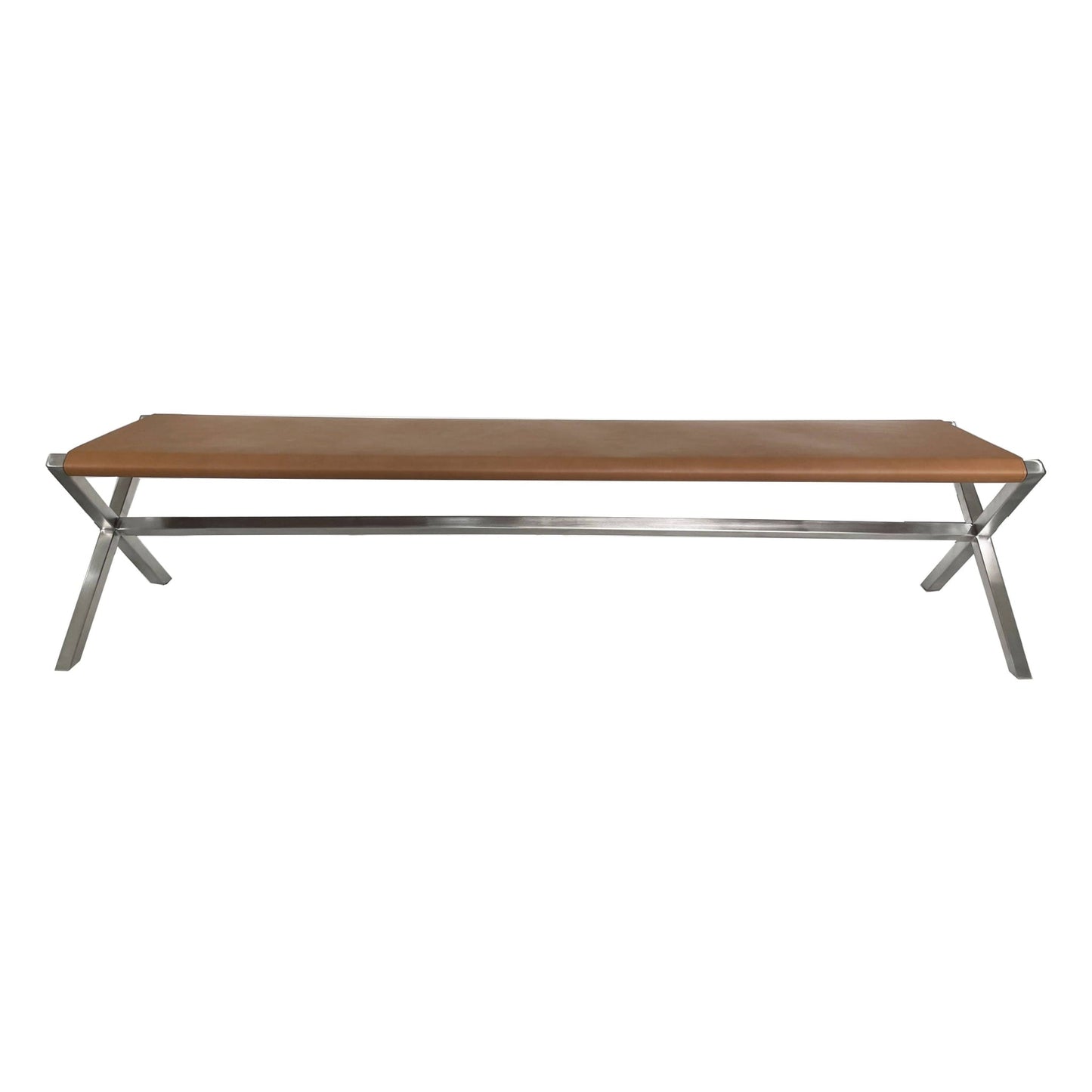 Modus One Modern Coastal Director's Style Leather Dining Bench in Cognac and Brushed Stainless Steel