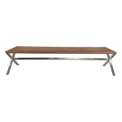 Modus One Modern Coastal Director's Style Leather Dining Bench in Cognac and Brushed Stainless Steel