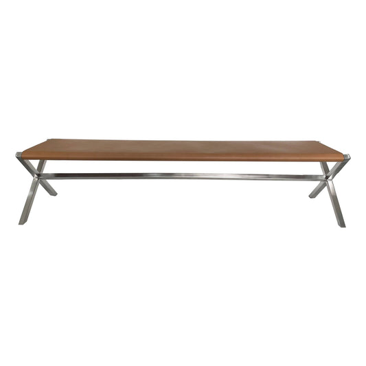 Modus One Modern Coastal Director's Style Leather Dining Bench in Cognac and Brushed Stainless Steel