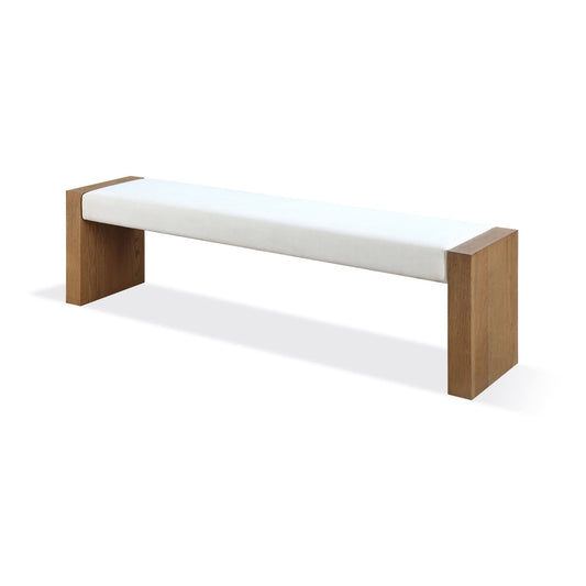Modus One Modern Coastal Slab Leg Upholstered Dining Bench in White Oak and White Pearl