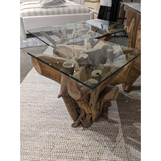 Modus One Solid Teak Root Glass Top End Table
