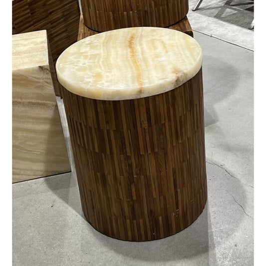 Modus One Stone Wood Tile Round End Table in Onyx and Solid Teak