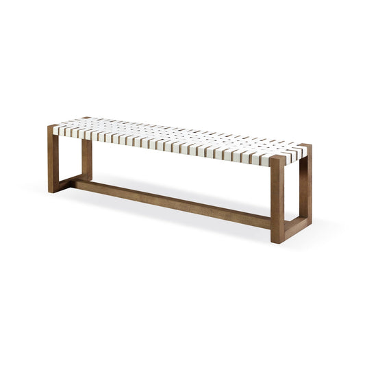 Modus One Woven Leather and Solid Wood Dining Bench in White and Bisque
