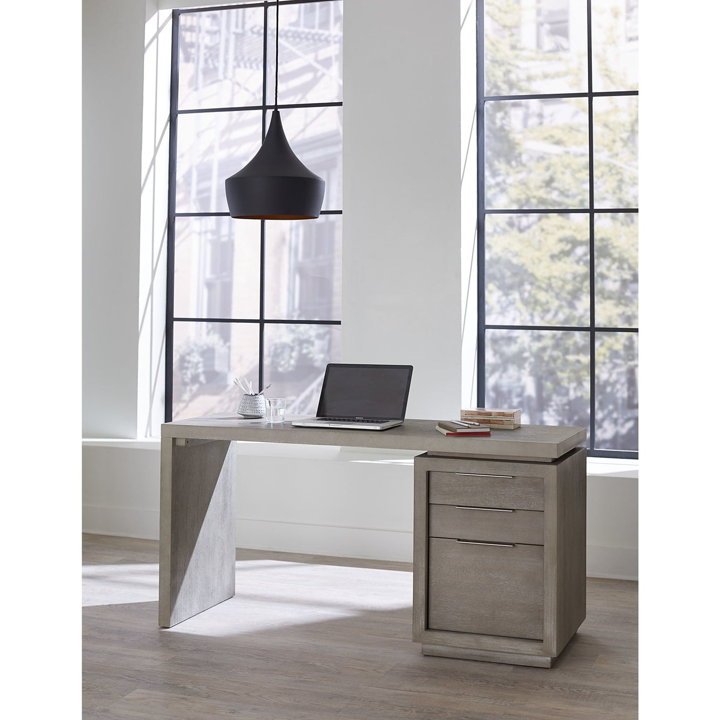 Modus Oxford Three-Drawer Single Pedestal Desk in Mineral