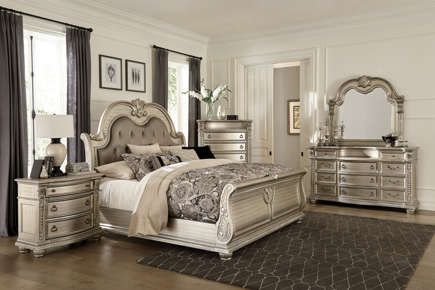 Homelegance Queen Bed Cavalier Silver Finish with Faux Leather Headboard 1757SV-1