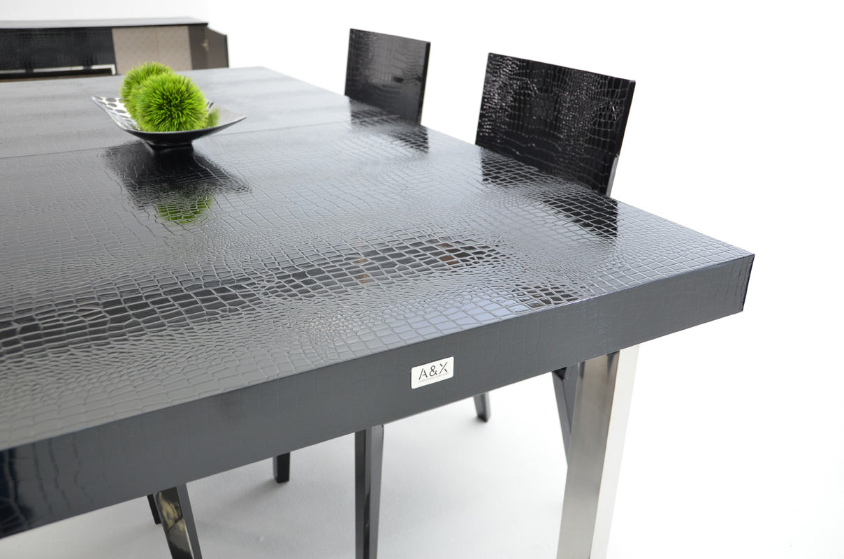 Skyline Modern Black Crocodile Lacquer Extendable Dining Table